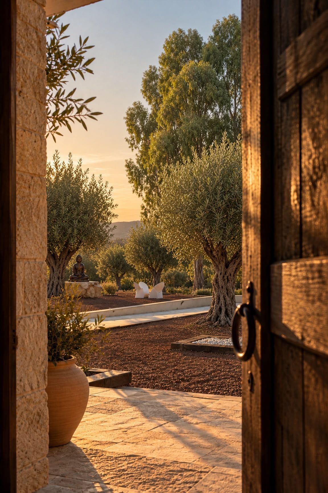 Vista a través de una antigua puerta de madera a los olivos al atardecer