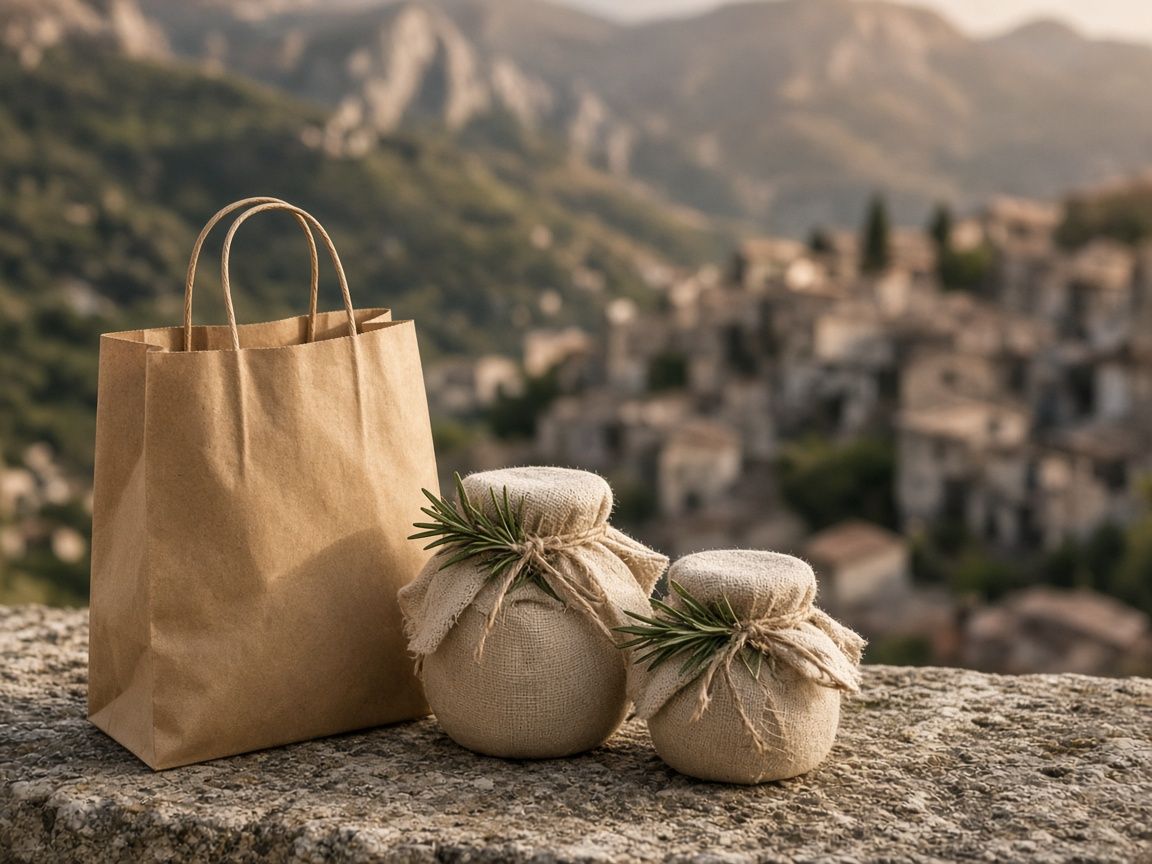 Bolsa de papel y tarros envueltos en tela para llevar (imagen ilustrativa)